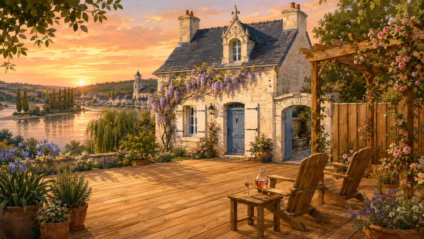 Illustration paysagère du dépôt avec terrasse en bois et clôture